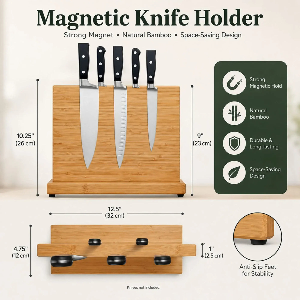 CARLA HOME Magnetic Knife Block, Bamboo Double Sided Holder up to 30cm Knives Kitchen - Image 3
