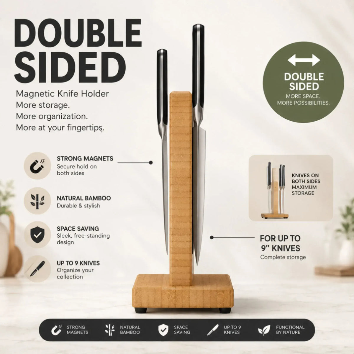 CARLA HOME Magnetic Knife Block, Bamboo Double Sided Holder up to 30cm Knives Kitchen - Image 4