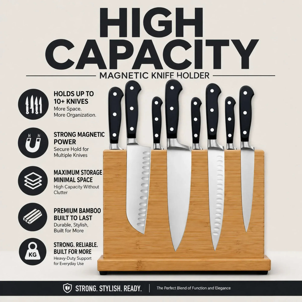 CARLA HOME Magnetic Knife Block, Bamboo Double Sided Holder up to 30cm Knives Kitchen - Image 7