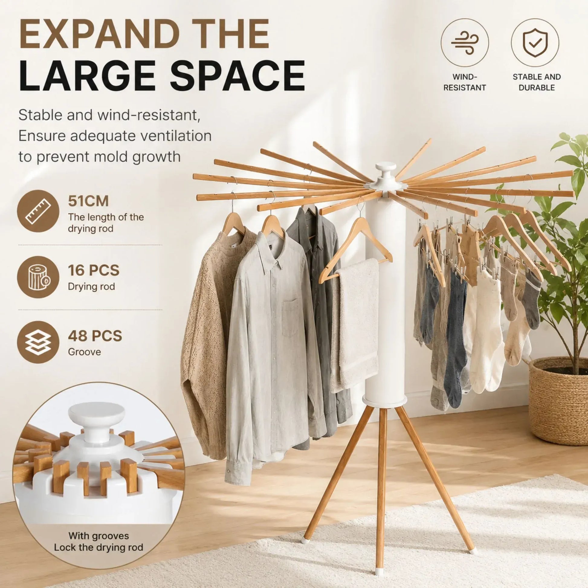CARLA HOME Tripod Clothes Drying Rack, 16 Rod Foldable, Wooden Poles - Image 2