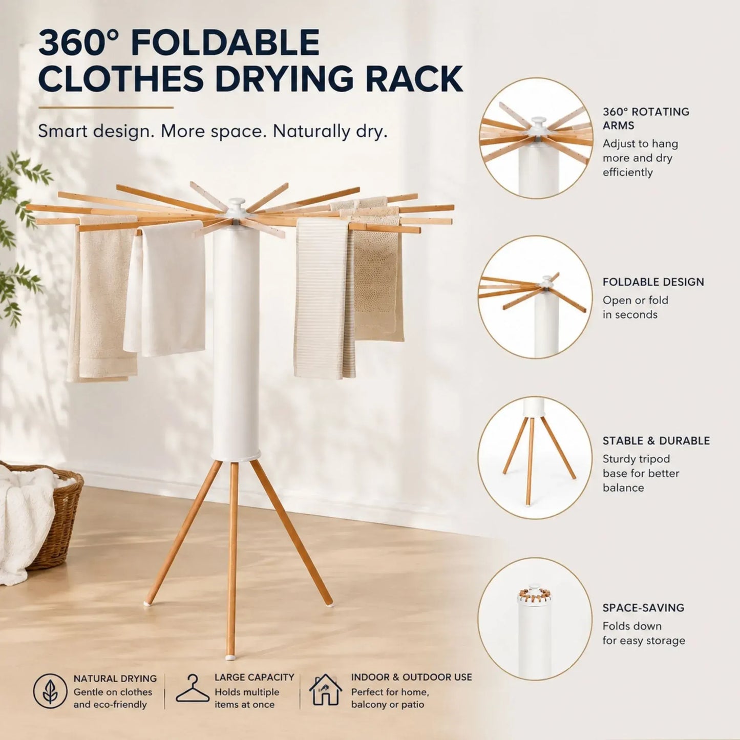 CARLA HOME Tripod Clothes Drying Rack, 16 Rod Foldable, Wooden Poles - Image 7