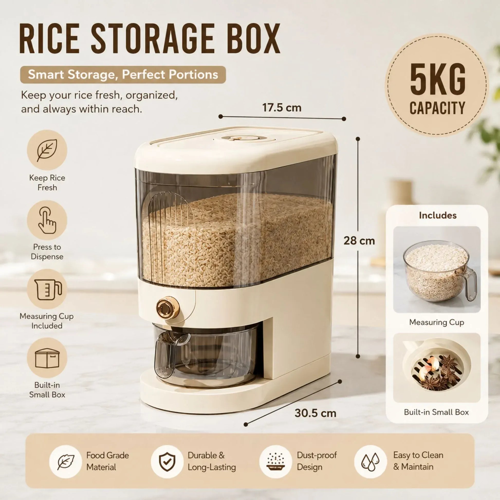 CARLA HOME Rice Dispenser 5kg Large Storage, Press Button Grain Container Kitchen - Image 2