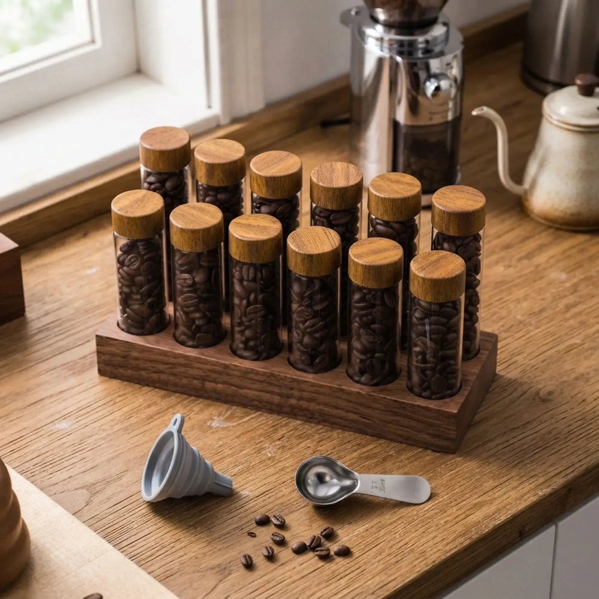 CARLA HOME Glass Coffee Bean Storage Tubes, 12 Pack Wooden Stand (60ml 20g) - Image 2