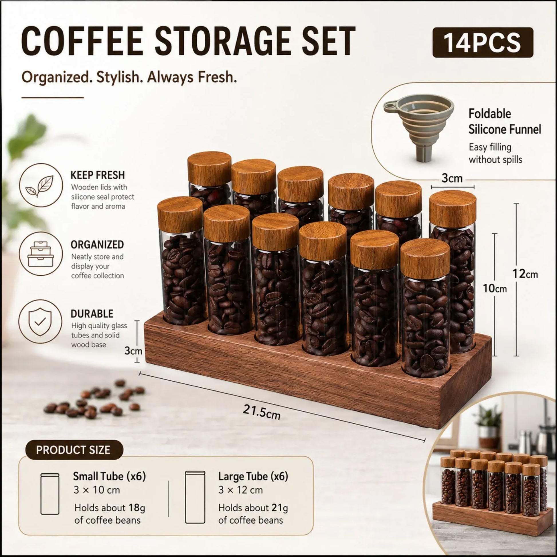 CARLA HOME Glass Coffee Bean Storage Tubes, 12 Pack Wooden Stand (60ml 20g) - Image 3