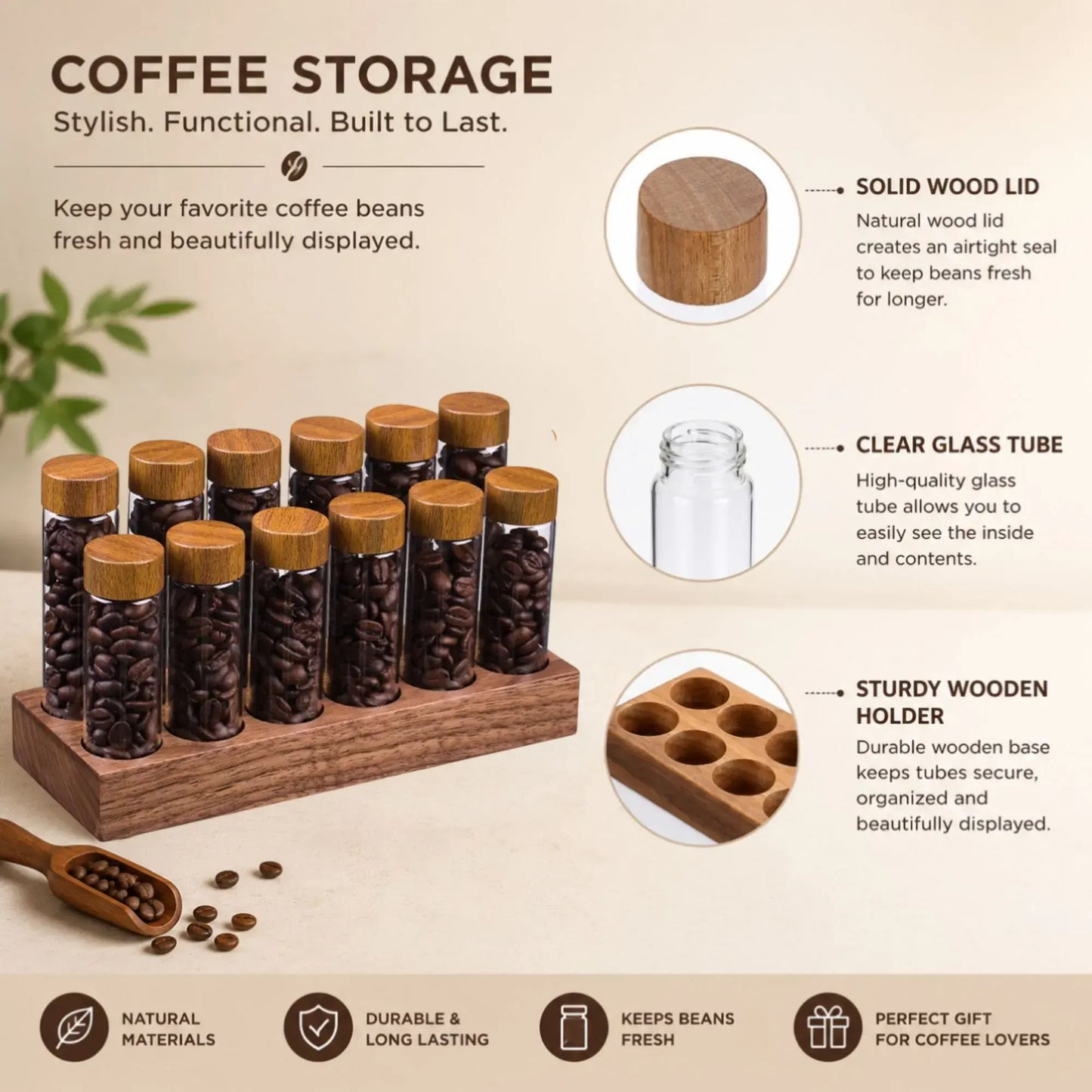 CARLA HOME Glass Coffee Bean Storage Tubes, 12 Pack Wooden Stand (60ml 20g) - Image 4