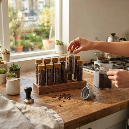 CARLA HOME Glass Coffee Bean Storage Tubes, 12 Pack Wooden Stand (60ml 20g) - Image 5