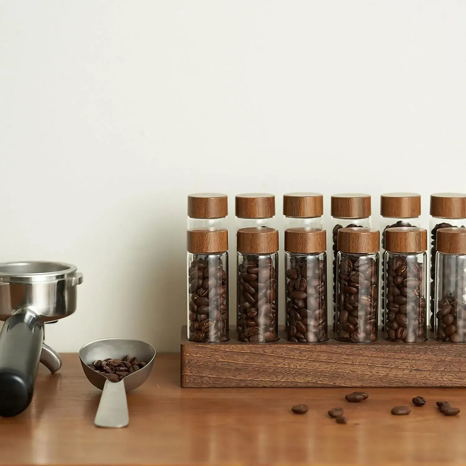 CARLA HOME Glass Coffee Bean Storage Tubes, 12 Pack Wooden Stand (60ml 20g) - Image 6