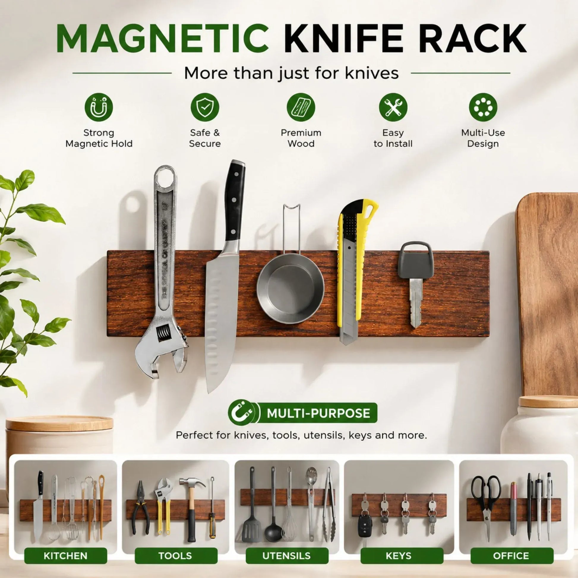 CARLA HOME Magnetic Knife Holder Wall Mounted, Wood Strip, Brown (40cm) - Image 3