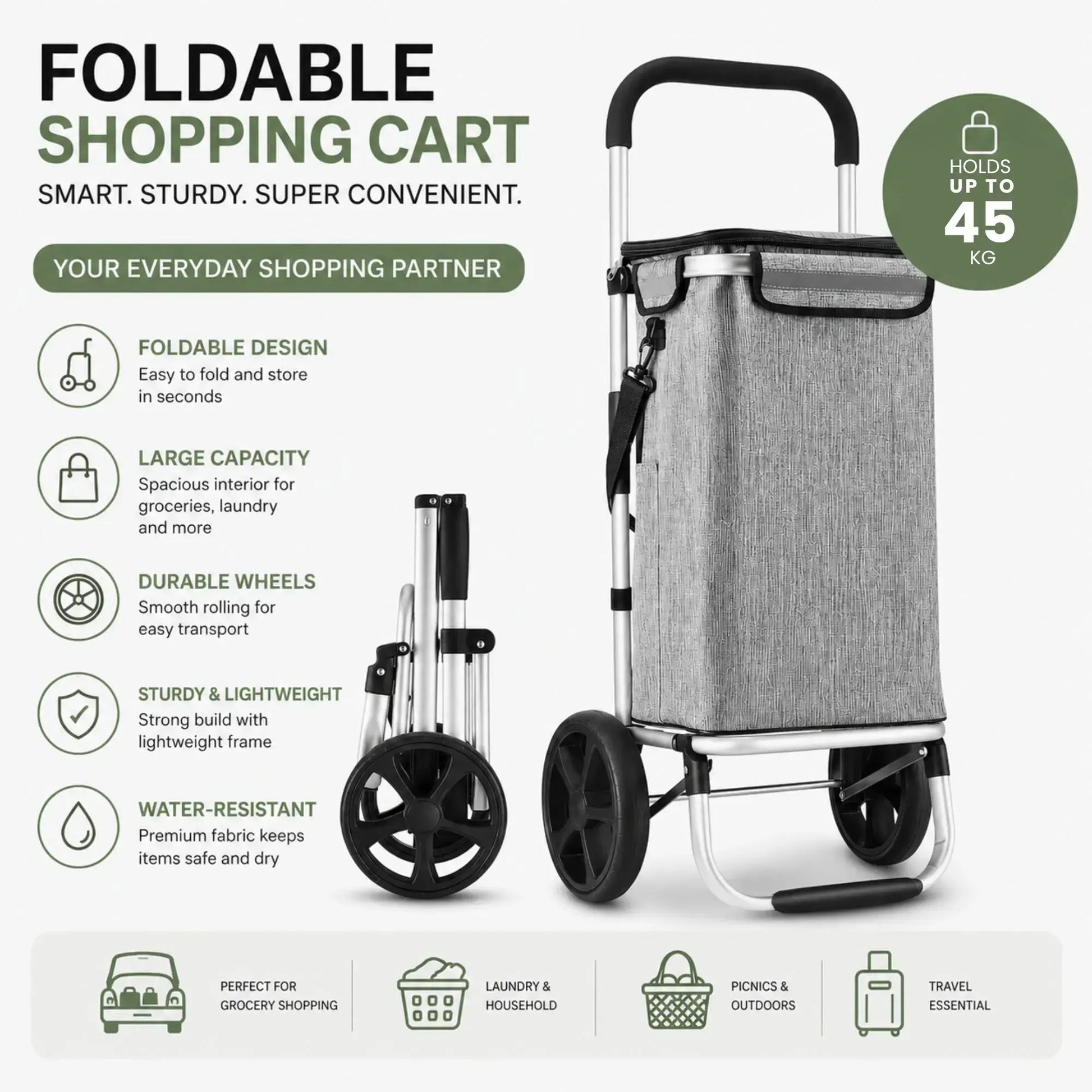 CARLA HOME Foldable Shopping Trolley, Aluminium Cart, 45L, Waterproof, Grey - Image 3