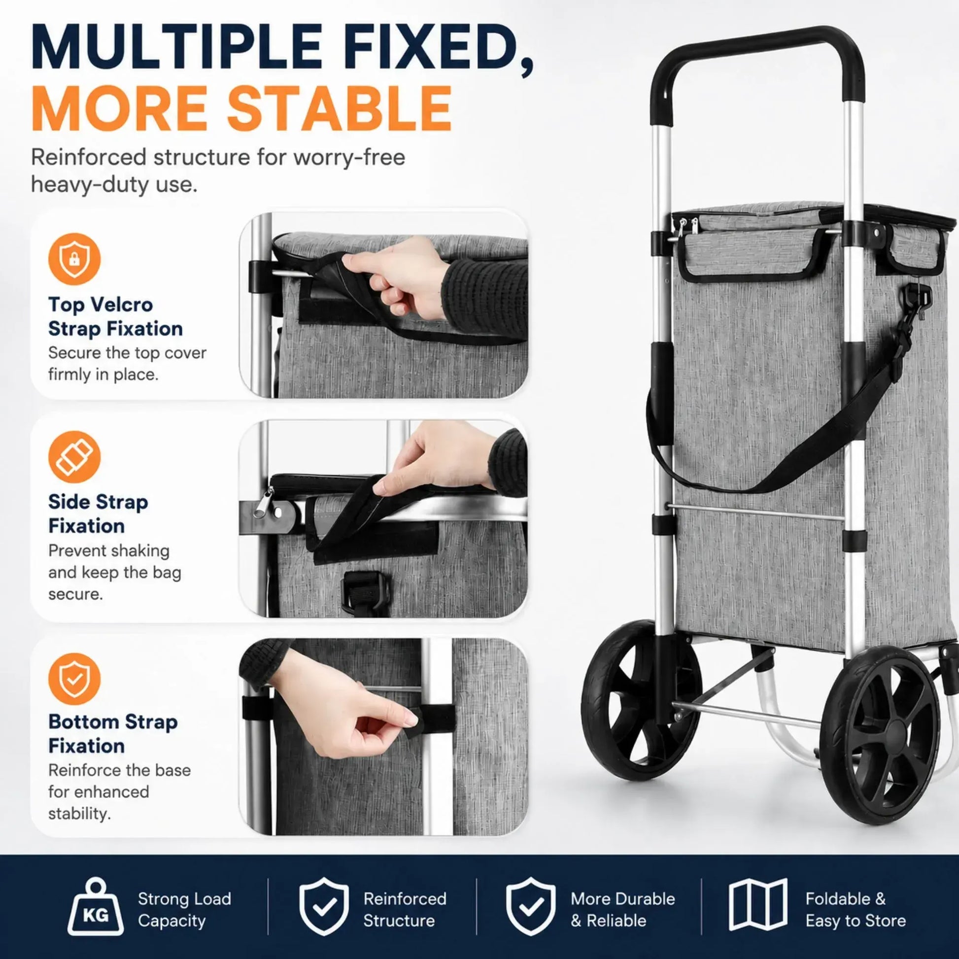 CARLA HOME Foldable Shopping Trolley, Aluminium Cart, 45L, Waterproof, Grey - Image 6