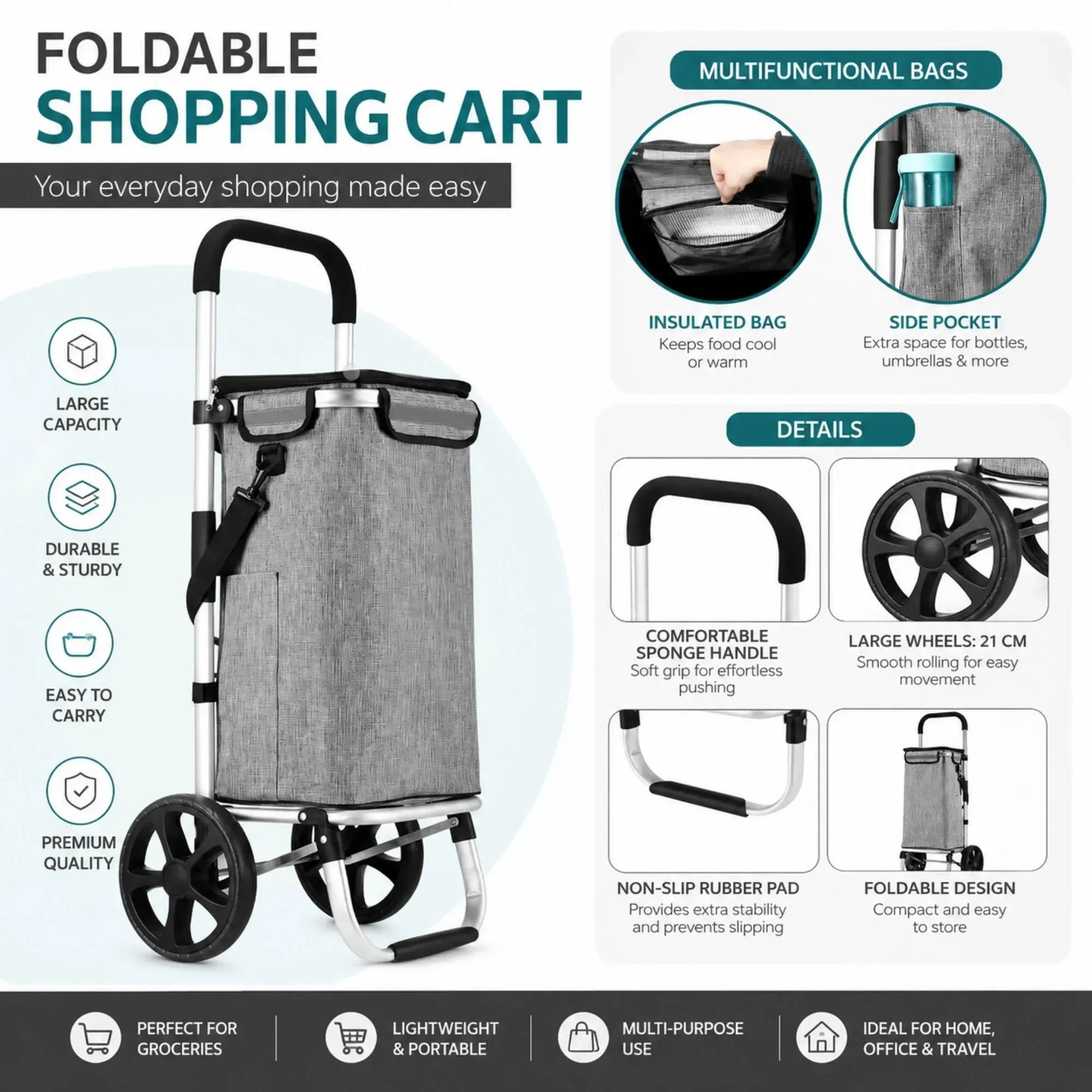 CARLA HOME Foldable Shopping Trolley, Aluminium Cart, 45L, Waterproof, Grey - Image 7