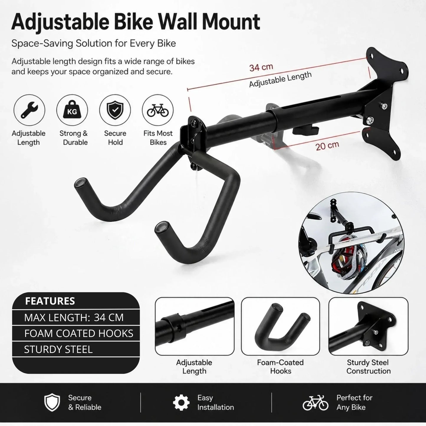 CARLA HOME Wall Mount Bike Rack, Adjustable Foldable Hanger, Garage Storage - Image 3