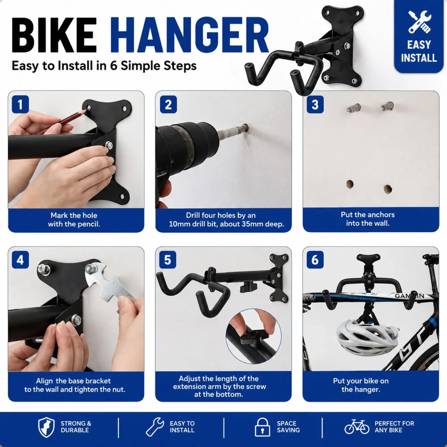 CARLA HOME Wall Mount Bike Rack, Adjustable Foldable Hanger, Garage Storage - Image 8