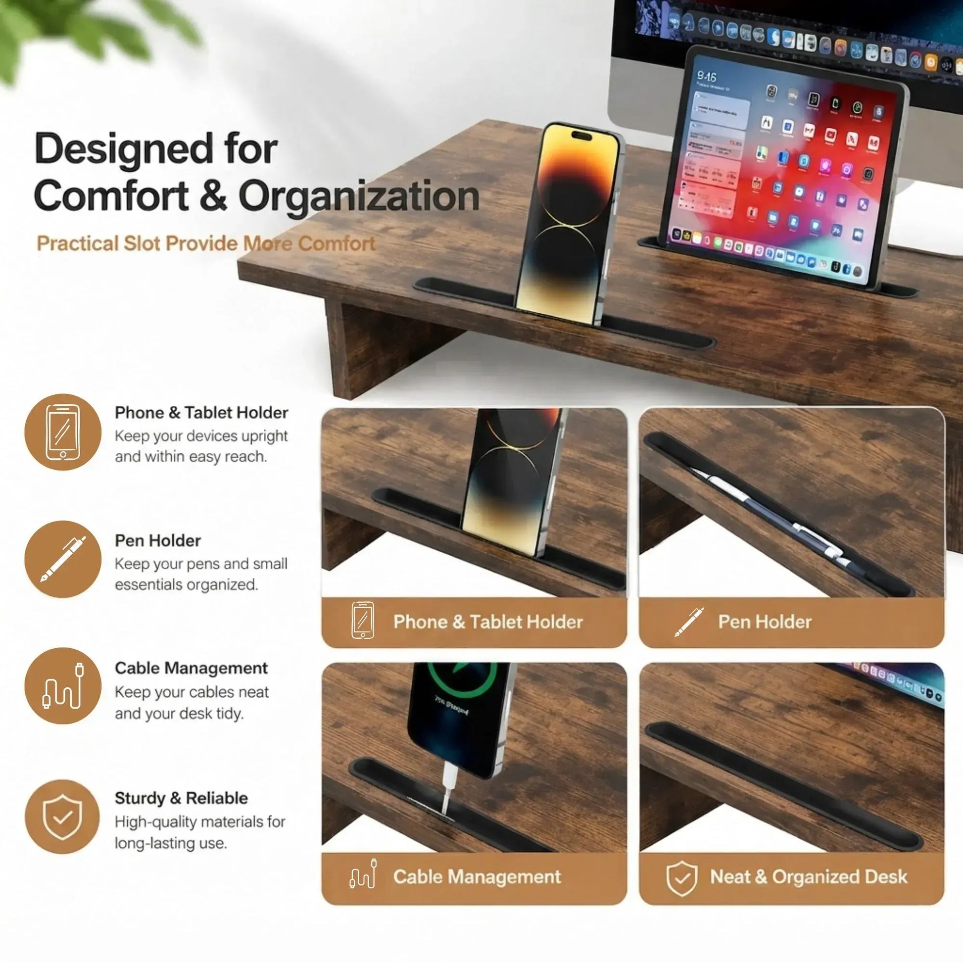 CARLA HOME Dual Monitor Stand Riser, Adjustable Length and Angle, Brown - Image 3