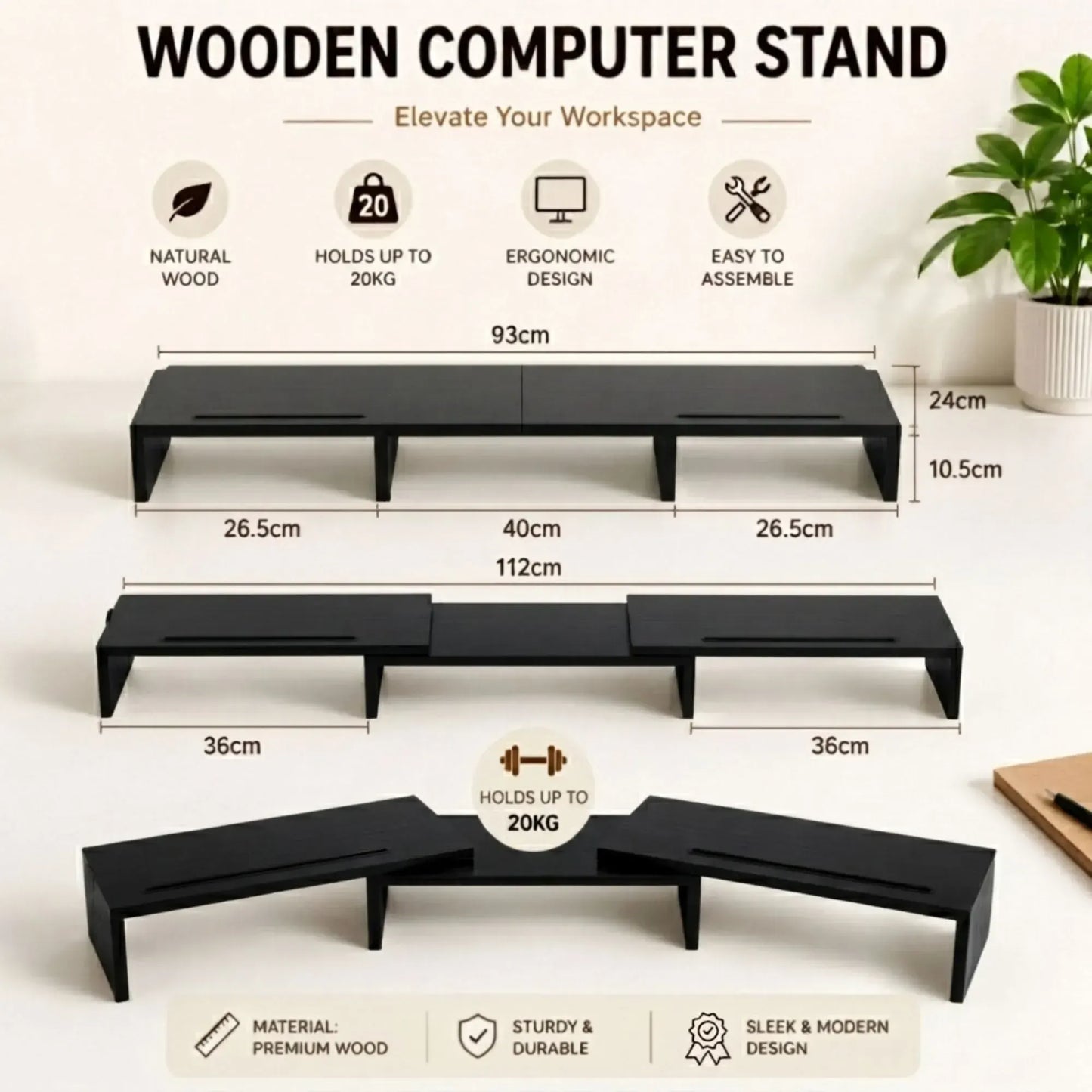 CARLA HOME Dual Monitor Stand Riser, Adjustable Length and Angle, Black - Image 7