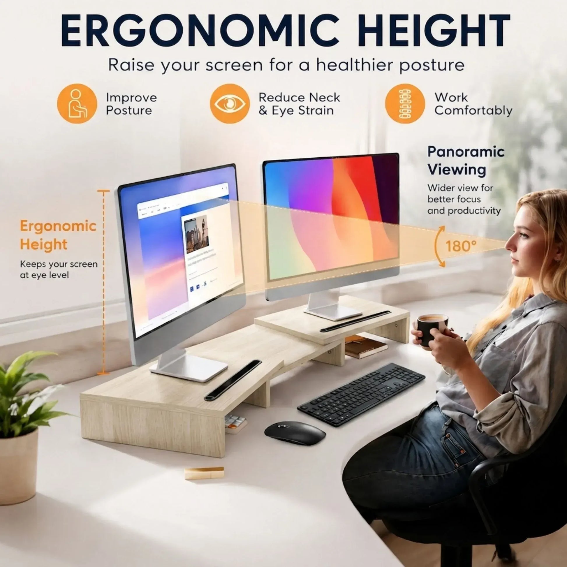 CARLA HOME Dual Monitor Stand Riser, Adjustable Length and Angle, Beige - Image 6