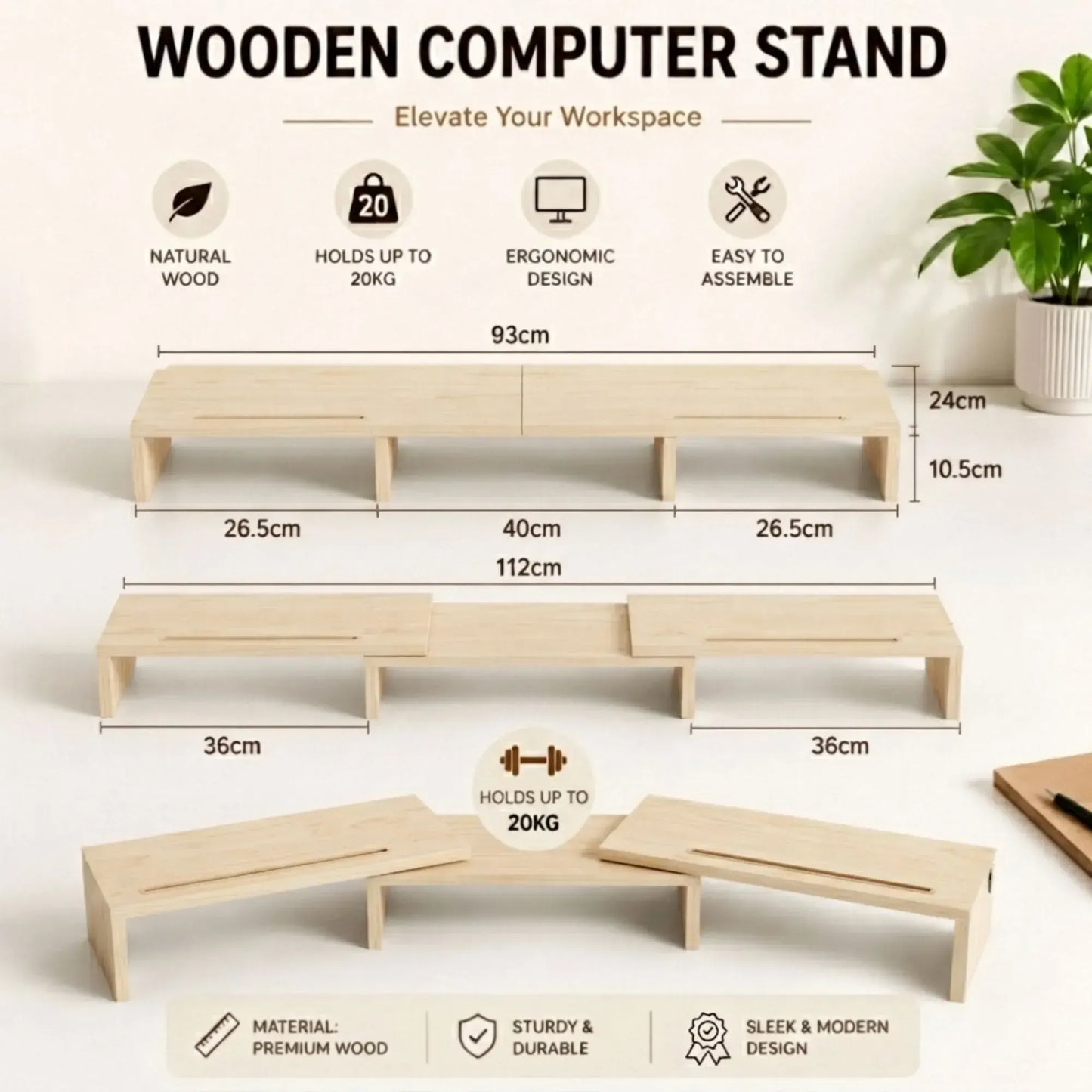 CARLA HOME Dual Monitor Stand Riser, Adjustable Length and Angle, Beige - Image 7
