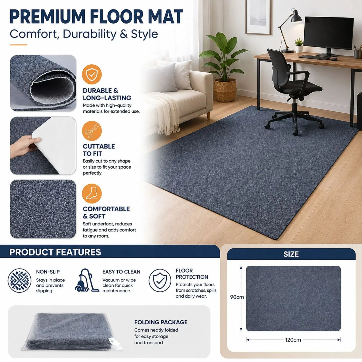 CARLA HOME Office Chair Mat Hard Floor Protector, 120x90 cm, Anti-Slip, Grey - Image 3