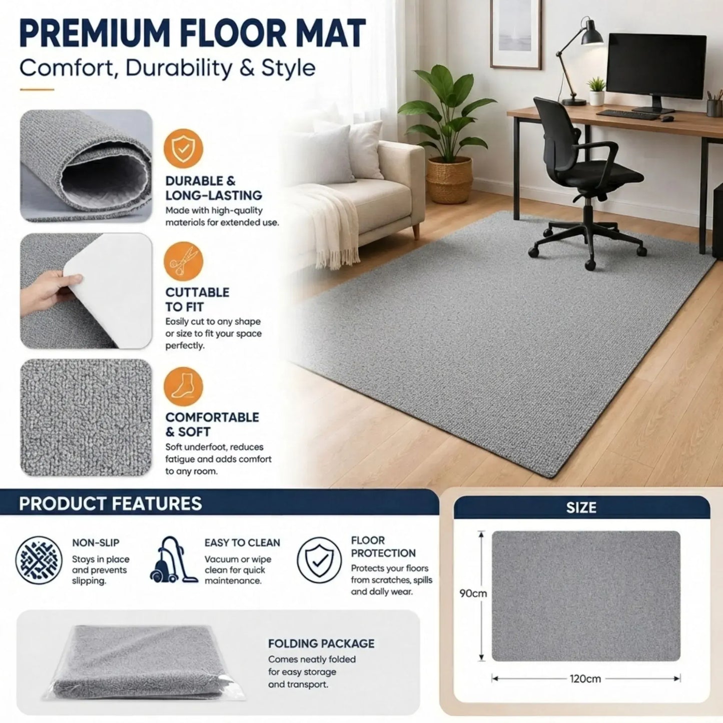 CARLA HOME Office Chair Mat Hard Floor Protector, 120x90 cm, Anti-Slip, White - Image 3