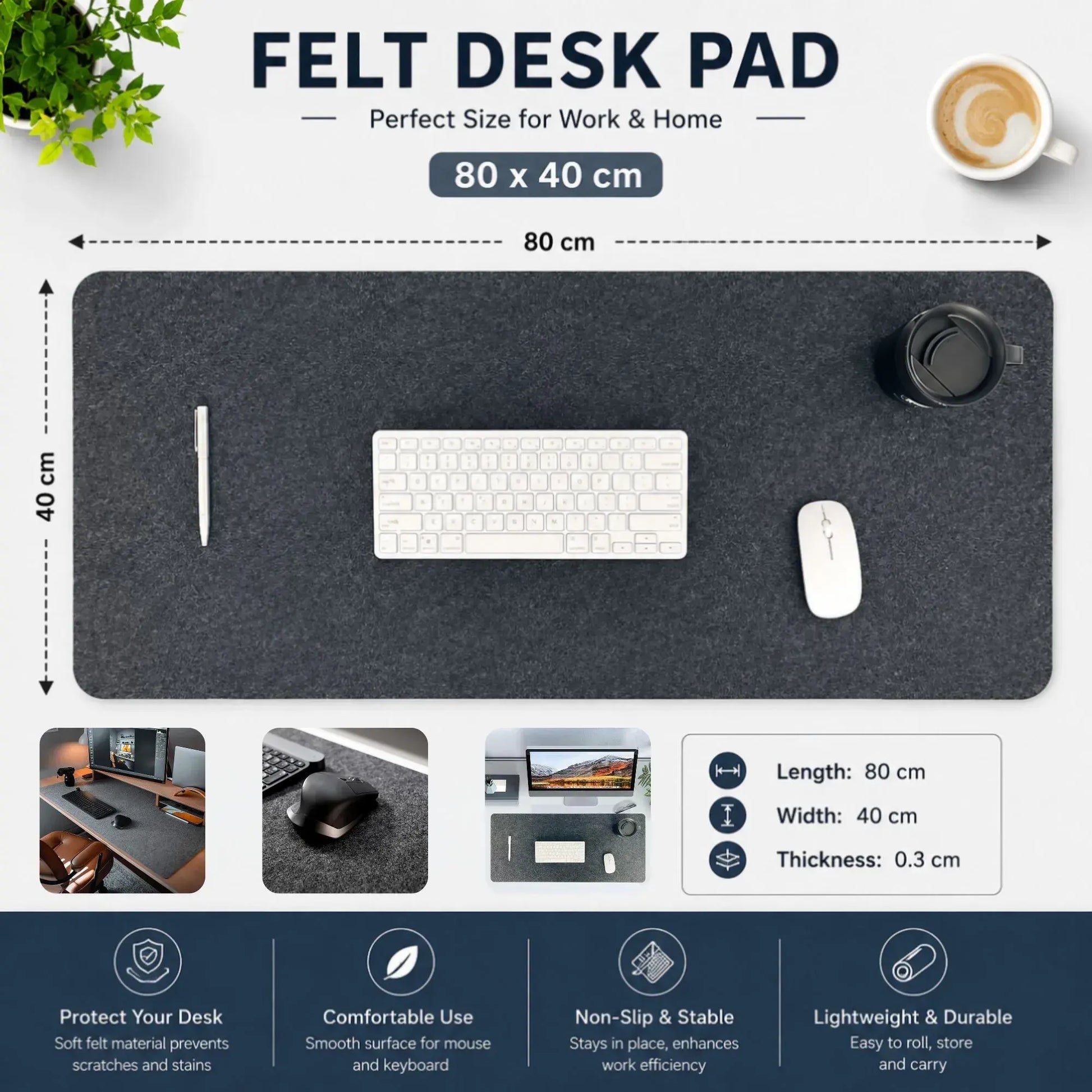 CARLA HOME Felt Desk Mat, Large Mouse Pad 80x40cm, Grey Cotton Linen Fabric - Image 3