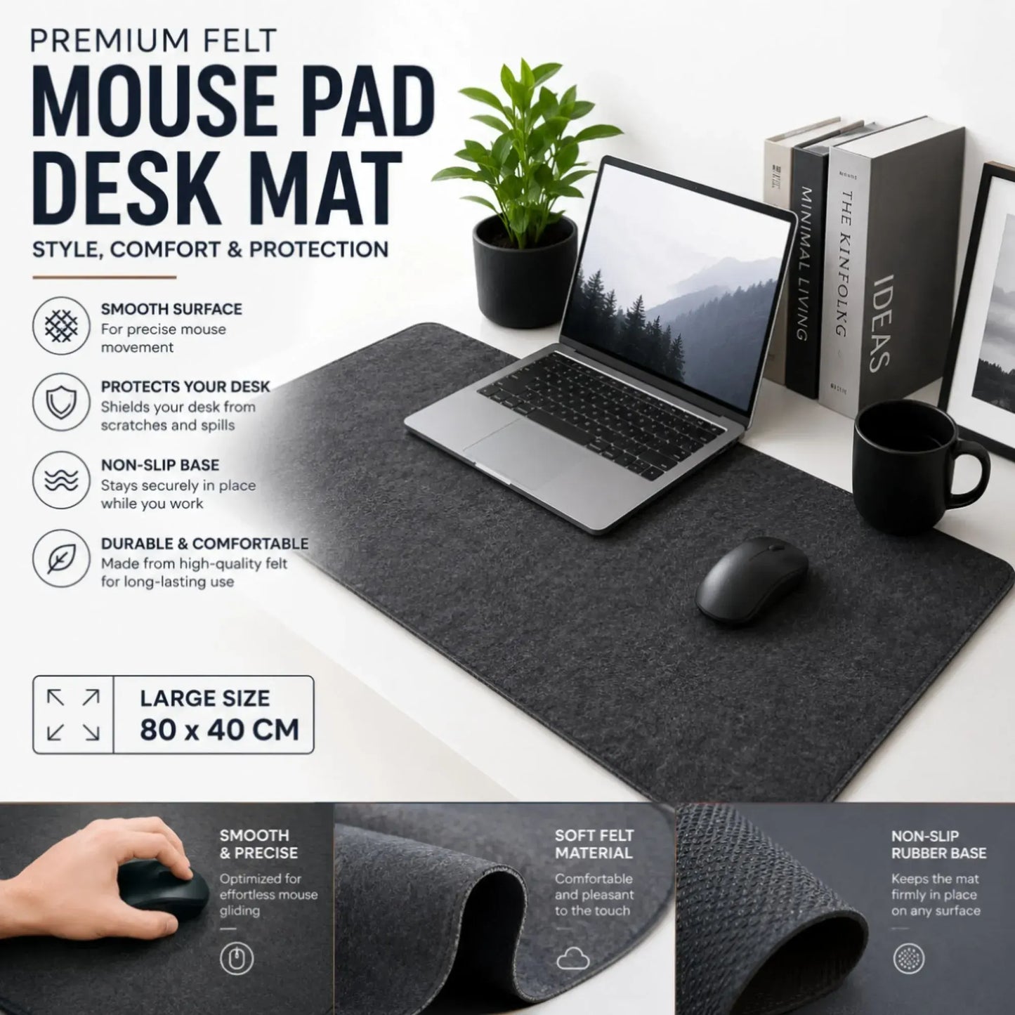 CARLA HOME Felt Desk Mat, Large Mouse Pad 80x40cm, Grey Cotton Linen Fabric - Image 7