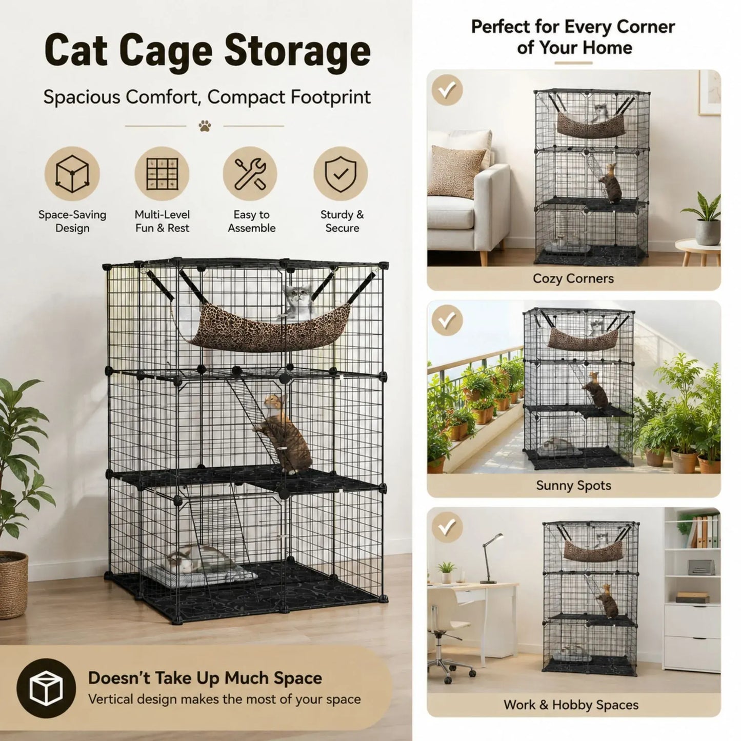 CARLA HOME Large Cat Cage Diy Enclosure, 3 Tier Pet Playpen Cat Kennel - Image 4