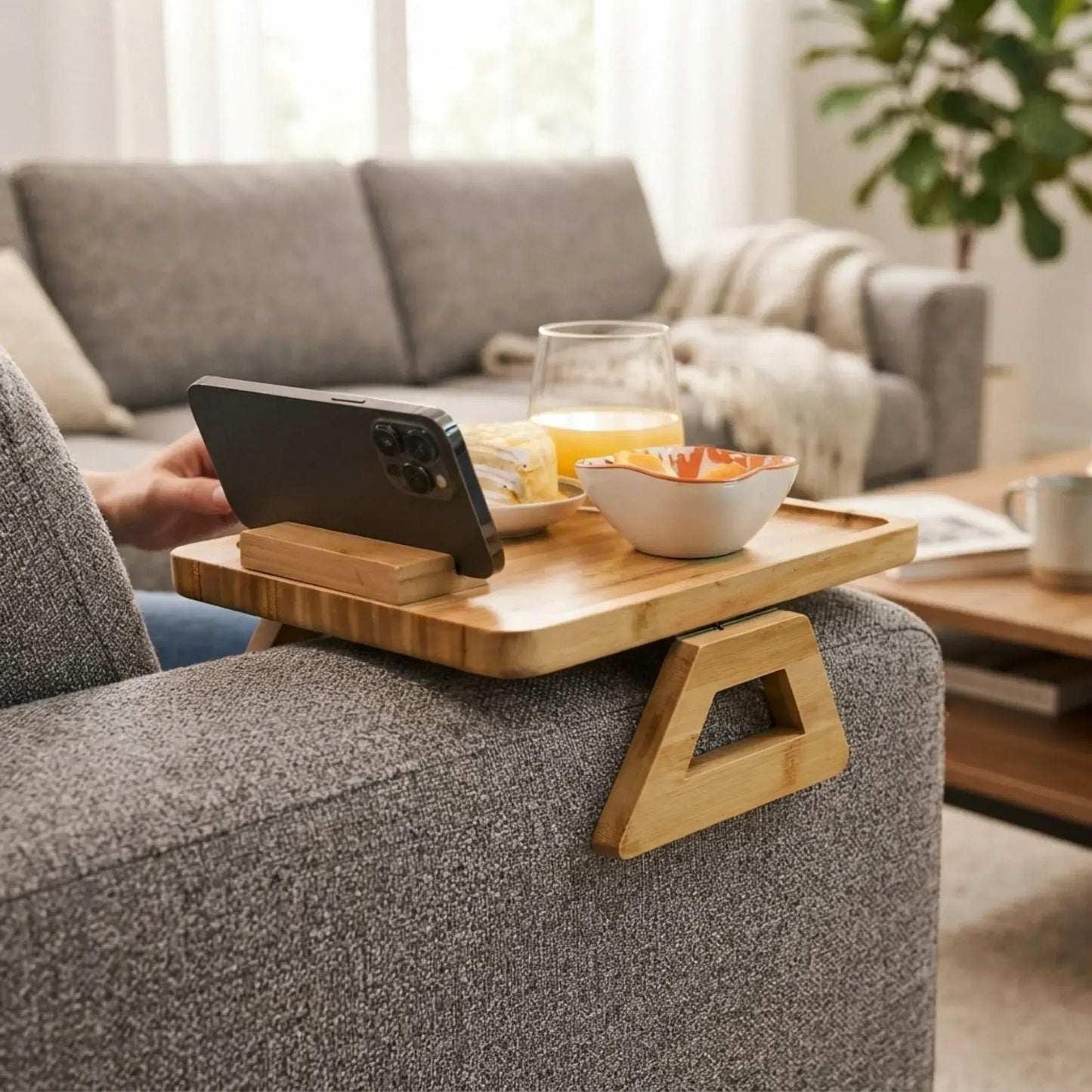 CARLA HOME Bamboo Sofa Arm Tray, 360° Rotating Phone Holder Clip, Couch cup - Image 2