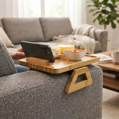 CARLA HOME Bamboo Sofa Arm Tray, 360° Rotating Phone Holder Clip, Couch cup - Image 2