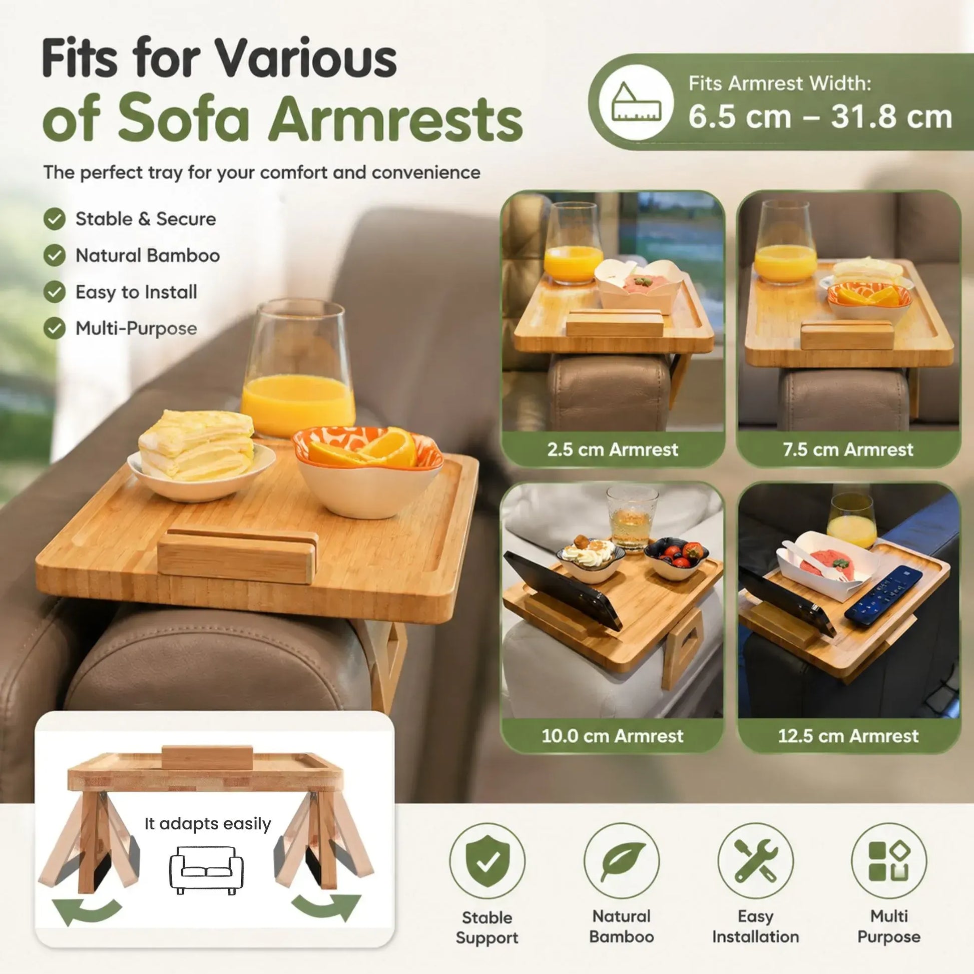 CARLA HOME Bamboo Sofa Arm Tray, 360° Rotating Phone Holder Clip, Couch cup - Image 6