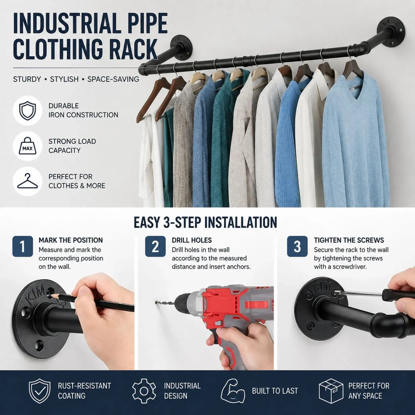 CARLA HOME Industrial Pipe Wall Clothes Rack, 92cm Bar Garment Rack - Image 7