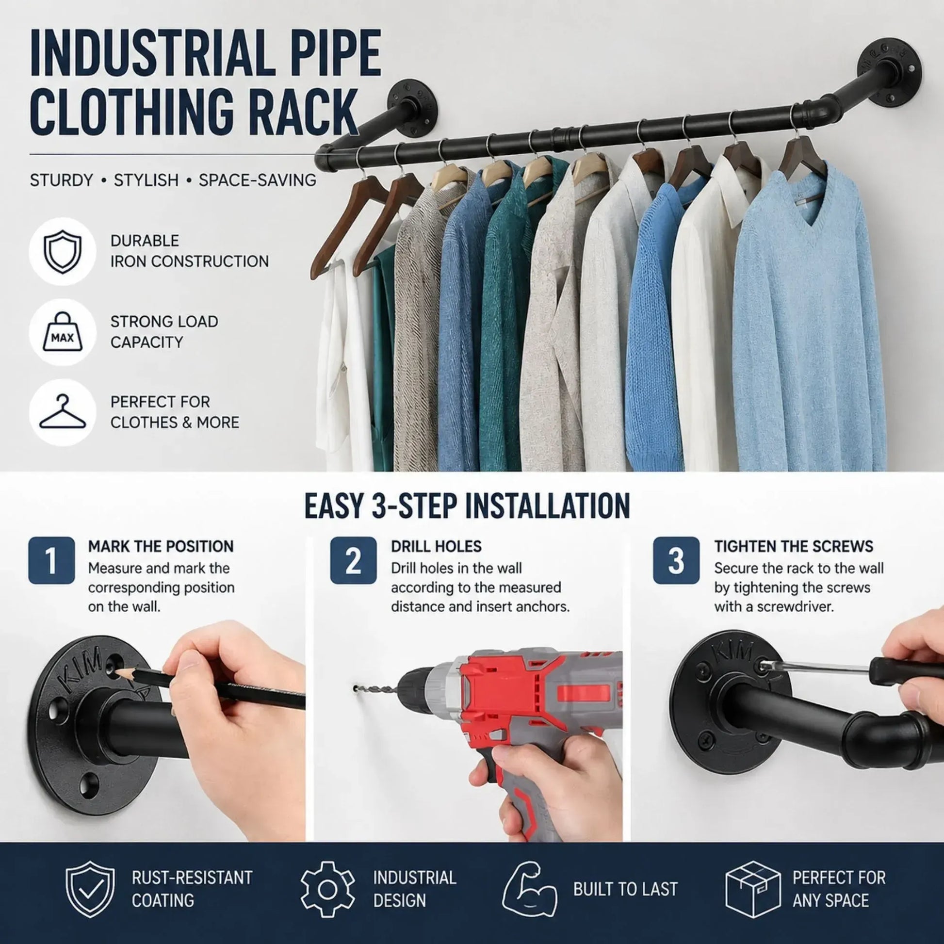 CARLA HOME Industrial Pipe Wall Clothes Rack, 92cm Bar Garment Rack - Image 7