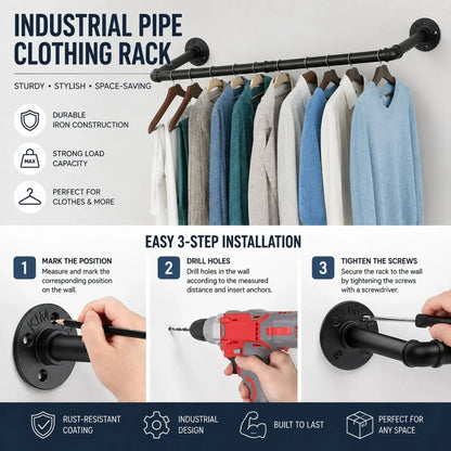 CARLA HOME Industrial Pipe Wall Clothes Rack, 92cm Bar Garment Rack - Image 7