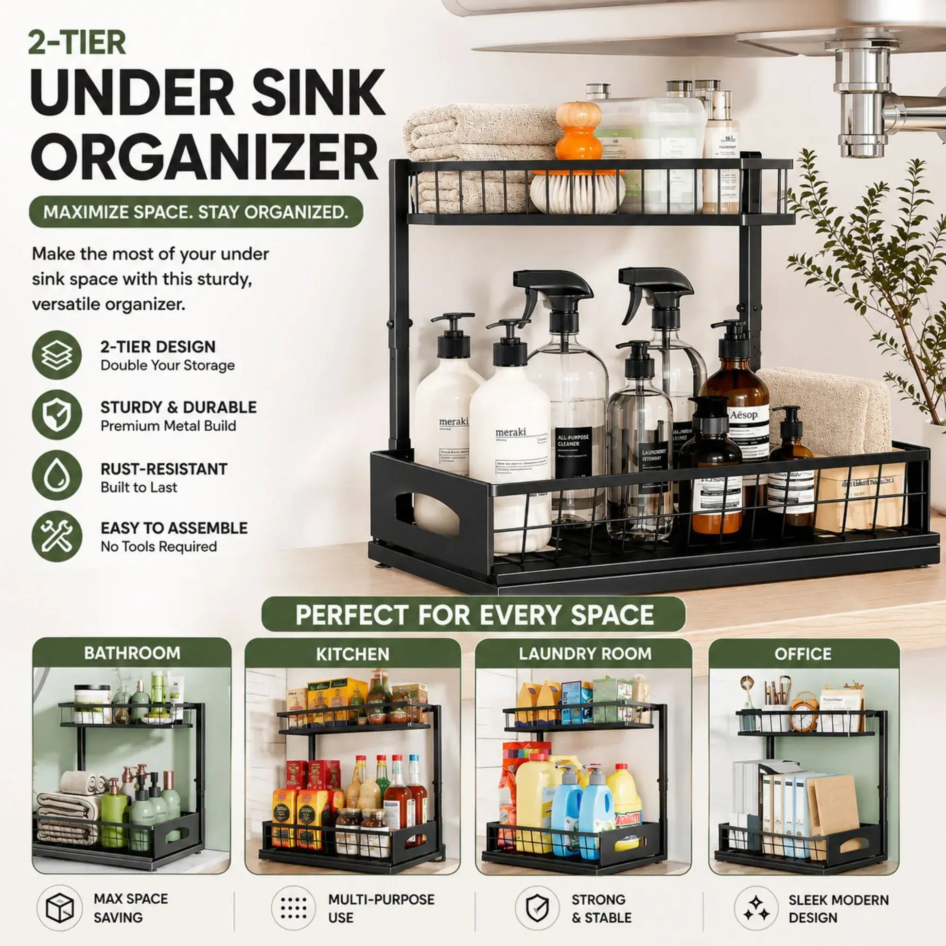 CARLA HOME 2 Tier Under Sink Organiser - Sliding Drawer - Black - Adjustable Under Sink Organiser - Image 3