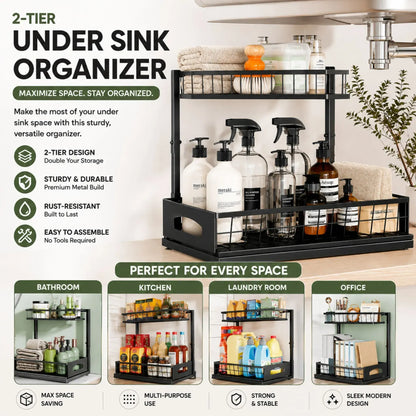 CARLA HOME 2 Tier Under Sink Organiser - Sliding Drawer - Black - Adjustable Under Sink Organiser - Image 3