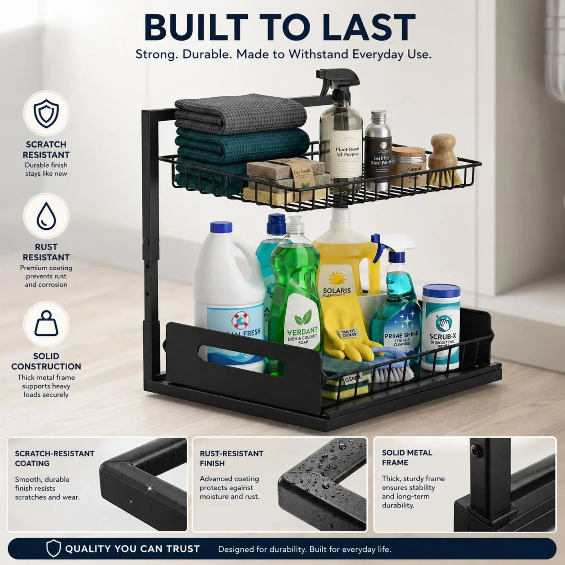 CARLA HOME 2 Tier Under Sink Organiser - Sliding Drawer - Black - Adjustable Under Sink Organiser - Image 4