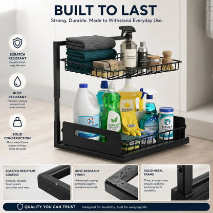 CARLA HOME 2 Tier Under Sink Organiser - Sliding Drawer - Black - Adjustable Under Sink Organiser - Image 4