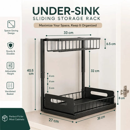 CARLA HOME 2 Tier Under Sink Organiser - Sliding Drawer - Black - Adjustable Under Sink Organiser - Image 5