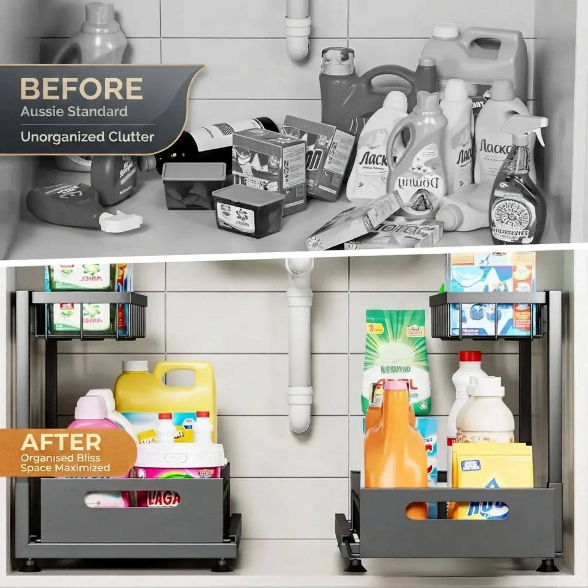 CARLA HOME 2 Tier Under Sink Organiser - Sliding Drawer - Black - Adjustable Under Sink Organiser - Image 6