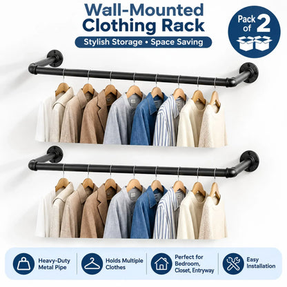 CARLA HOME 2-Pack Wall Mounted Industrial Pipe Clothes Rack - Black - Storage Rack - Image 3