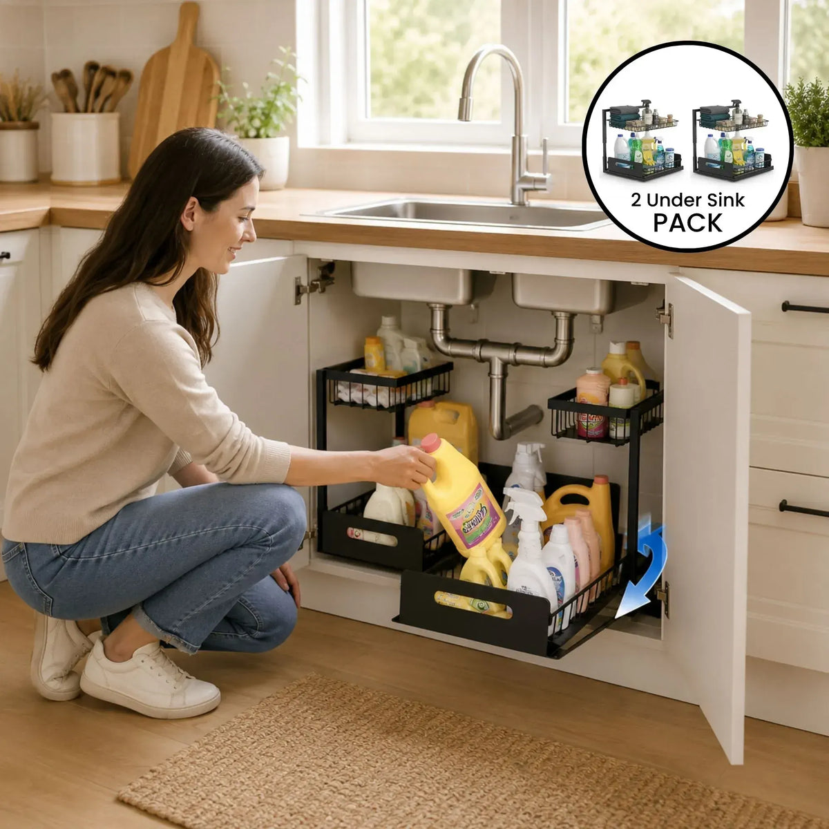 CARLA HOME Under Sink Organiser 2-Pack - Sliding Drawer - Black - Adjustable Under Sink Organiser - Image 4