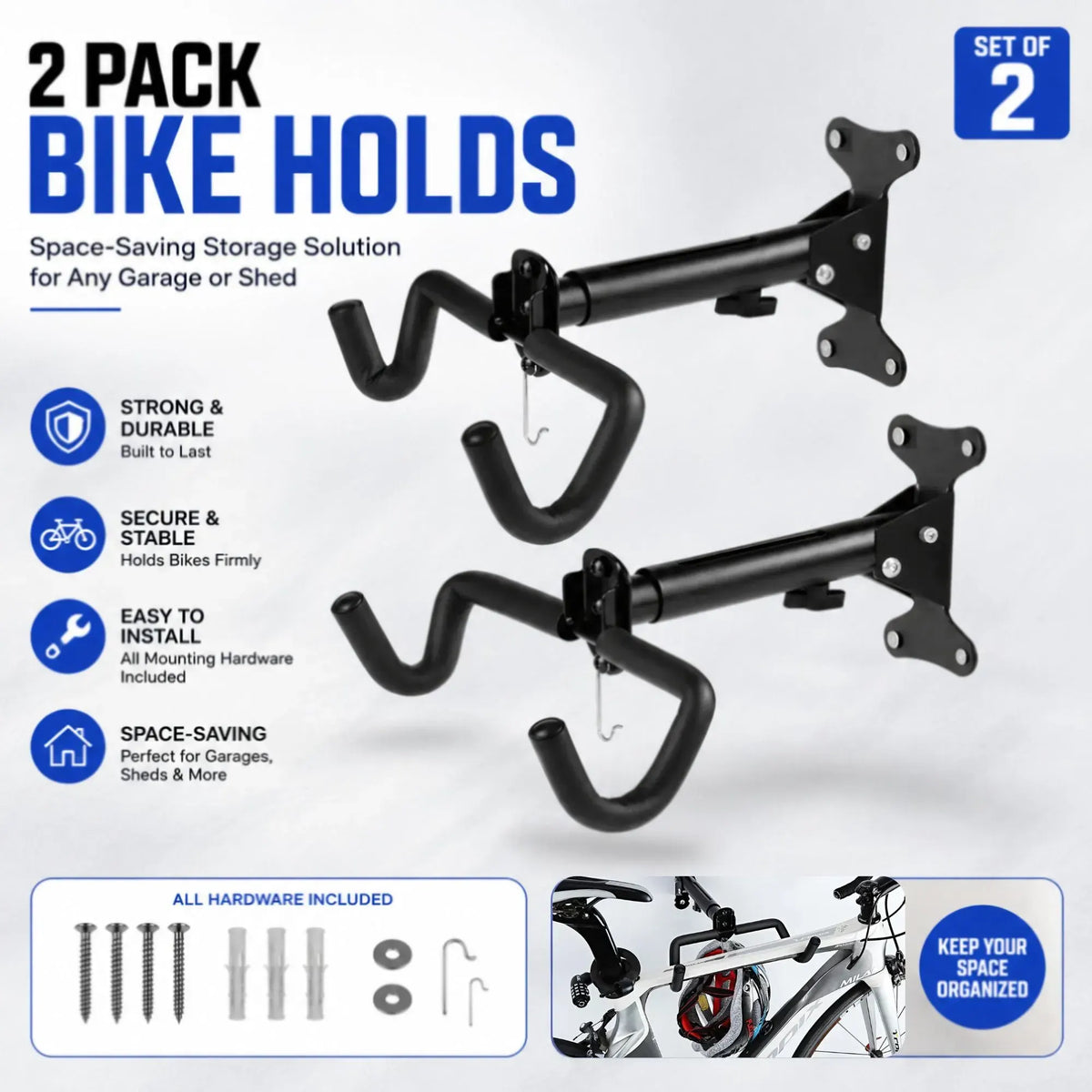 CARLA HOME 2-Pack Bike Wall Mount Rack - Adjustable Hook - Black - Adjustable Fixed Bike - Image 2