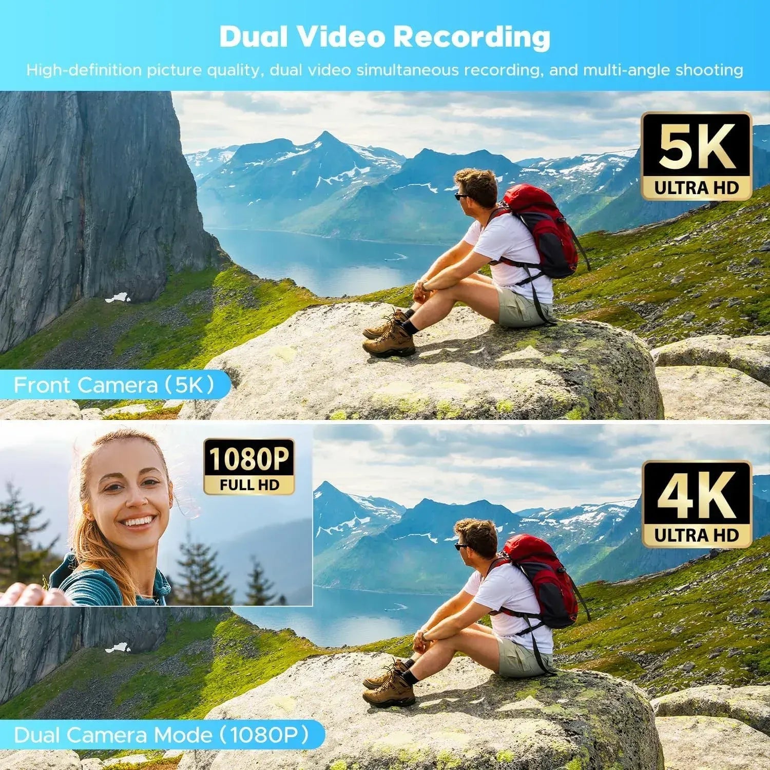 5K Video Camera with 56MP Dual Lens, WiFi, IR Night Vision, and 64GB SD Card in Black - Image 2