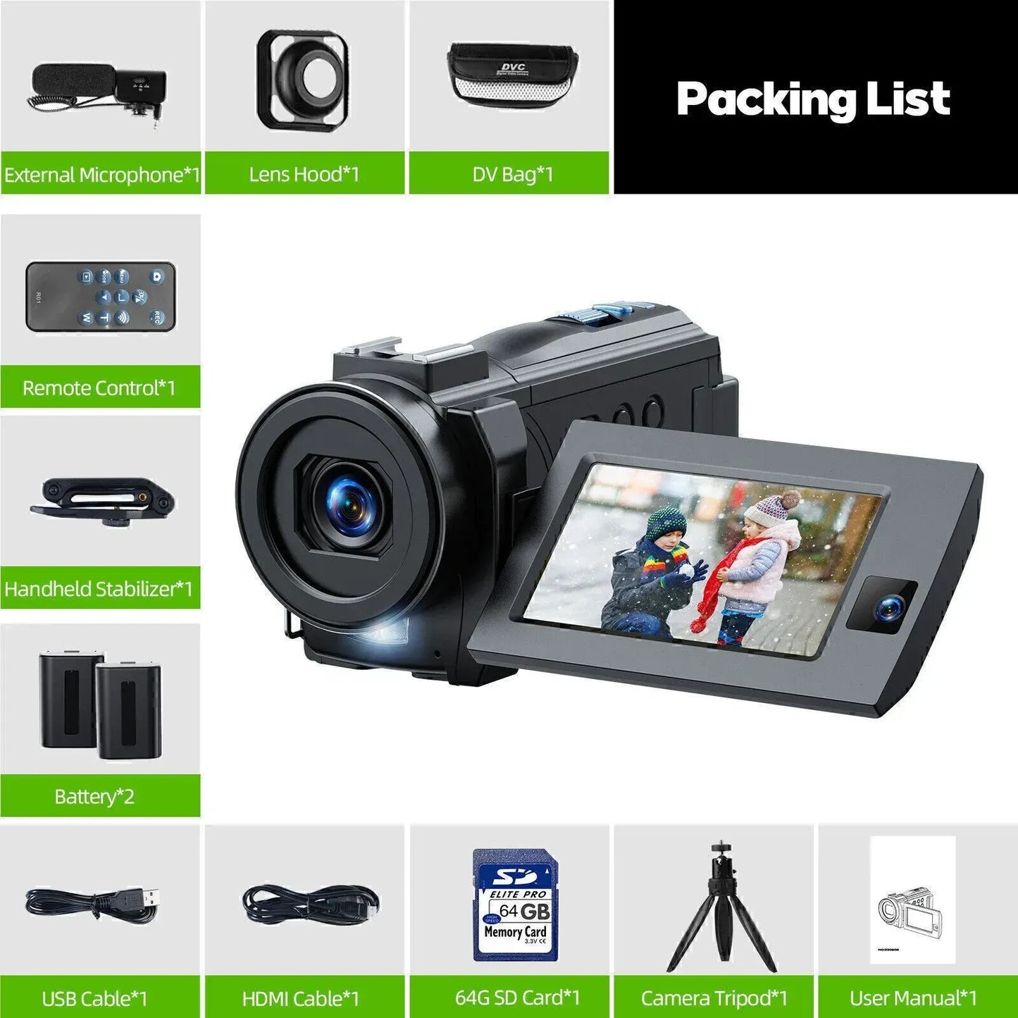 5K Video Camera with 56MP Dual Lens, WiFi, IR Night Vision, and 64GB SD Card in Black - Image 5