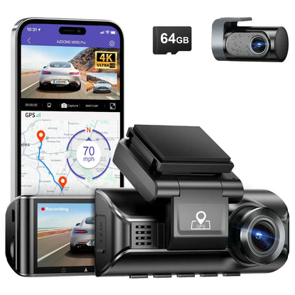 3.19" Black IPS Dual Dash Cam with 4K+1080P, 5G WiFi, GPS, Night Vision & Free 64GB Card