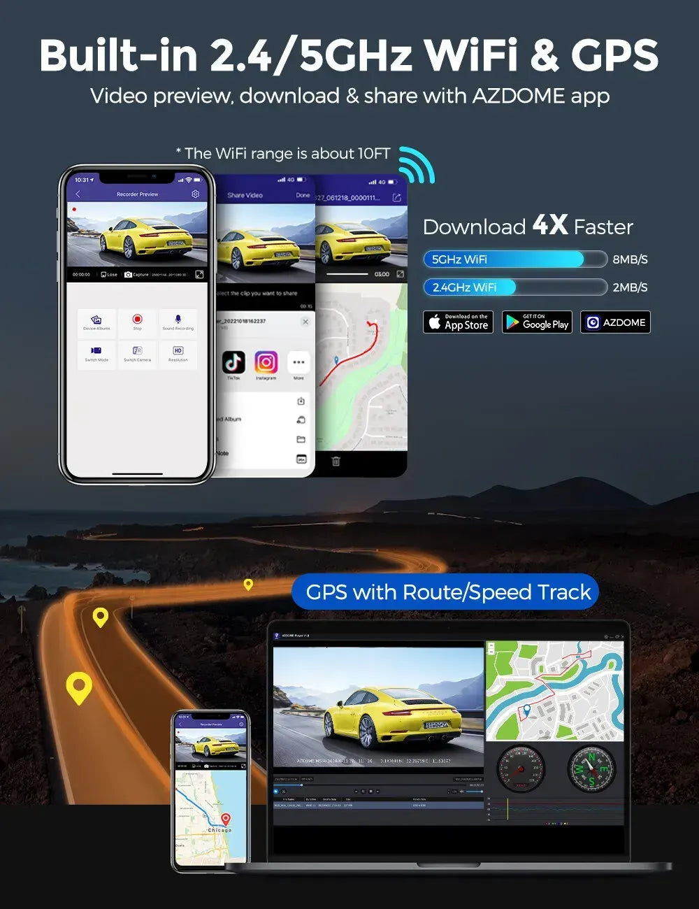 3.19" Black IPS Dual Dash Cam with 4K+1080P, 5G WiFi, GPS, Night Vision & Free 64GB Card - Image 6