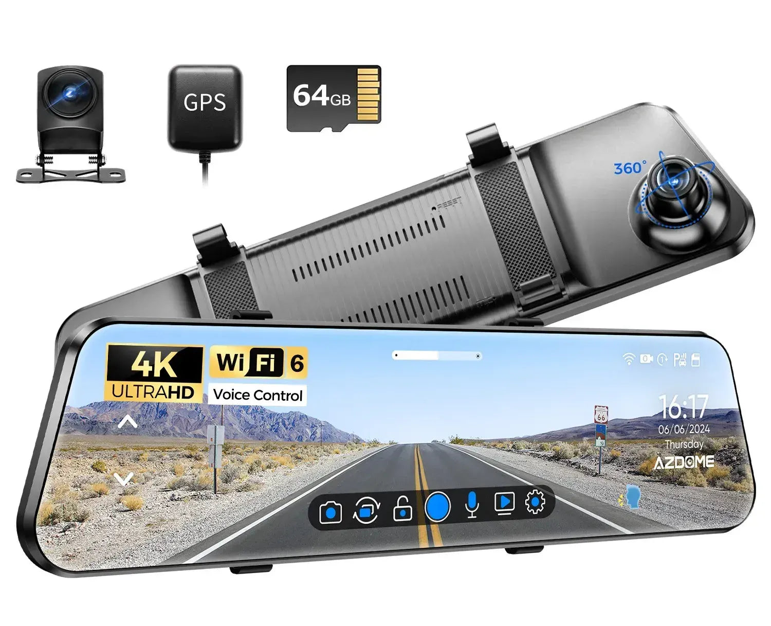 12" Black Rear View Mirror Dash Cam with 4K Front and 1080P Rear, GPS, WiFi6