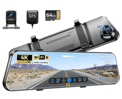 12" Black Rear View Mirror Dash Cam with 4K Front and 1080P Rear, GPS, WiFi6