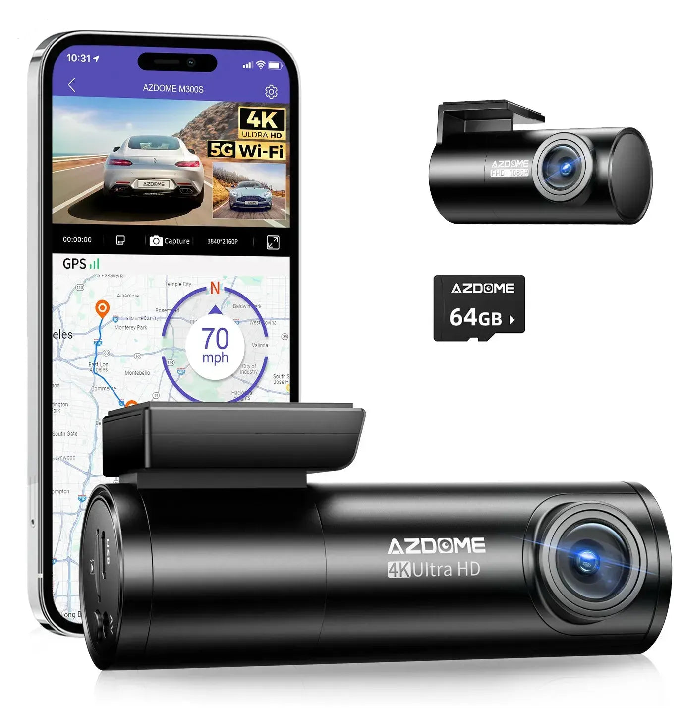 4K Black Dash Cam with 5.8GHz WiFi, GPS, Front & Rear Recording, 24-Hour Parking Mode, 64GB Card
