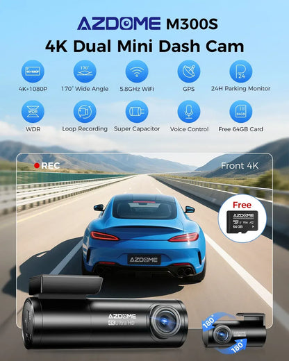 4K Black Dash Cam with 5.8GHz WiFi, GPS, Front & Rear Recording, 24-Hour Parking Mode, 64GB Card - Image 3