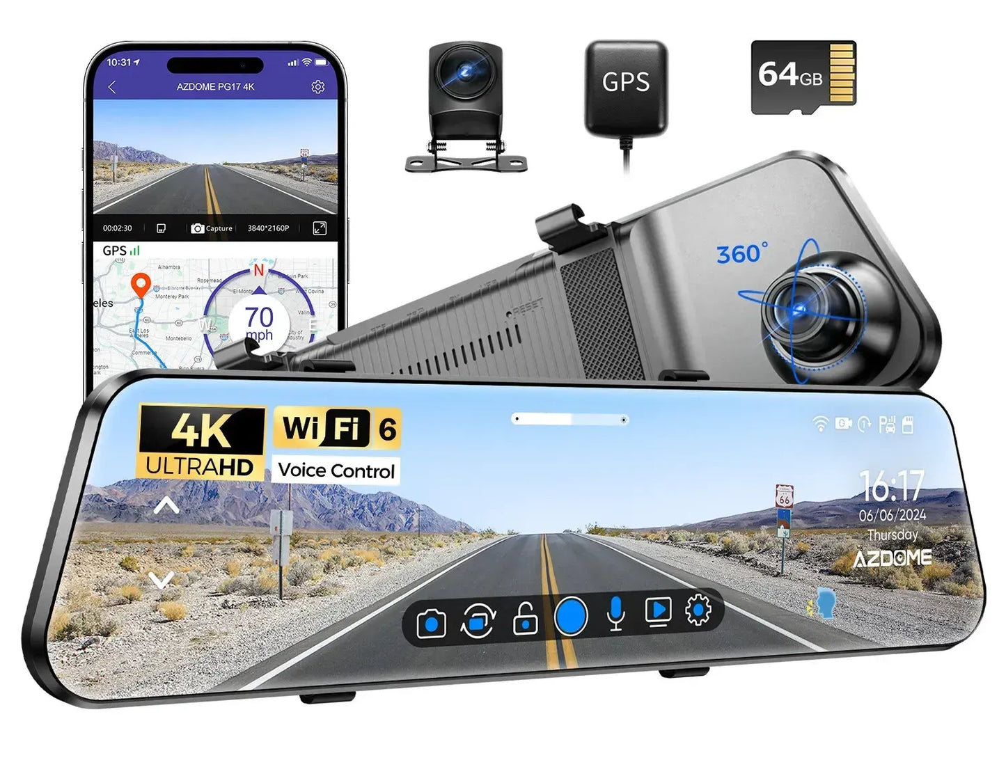 12" Black Dual 4K+1080P Rear View Mirror Dash Cam with WiFi 6, GPS, Night Vision, 64GB